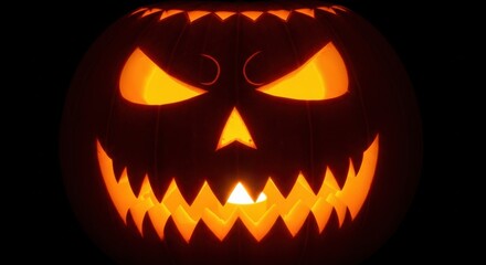 Illuminated carved pumpkin with a menacing grin against a dark backdrop