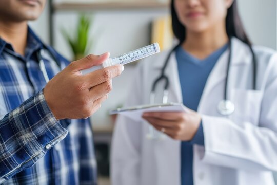 Doctor performs temperature check using infrared thermometer in a medical setting during a patient consultation, doctor checks the temperature with an infrared thermometer - Powered by Adobe