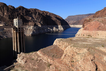 Colorado River near Hoover Dam and a close-up view of one dam turbine
