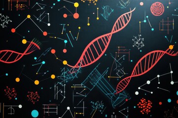 Complex diagram of dna strands and molecular structures against a black background, dna strand and diagram on black background