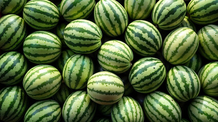 Watermelons fills the frame, showing their green striped rinds. Suitable for illustrating fruit markets, agriculture, or healthy food concepts.
