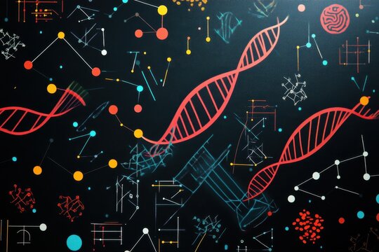 Complex diagram of dna strands and molecular structures against a black background, dna strand and diagram on black background