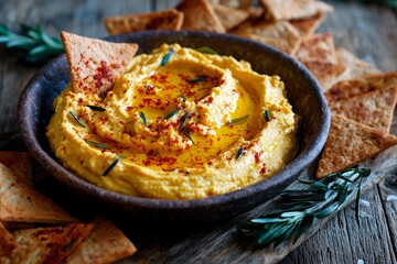 This dish features a bowl of creamy hummus topped with olive oil and spices, surrounded by crispy pita chips, all presented on a wooden table with herbs nearby