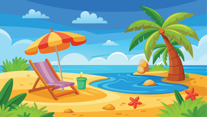 Cartoon Beach Scene with Palm Tree, Umbrella, Deckchair, Sea, Flowers, and Blue Sky