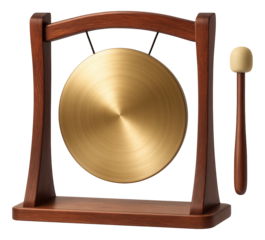 A wooden gong with a mallet, providing resonant tones to signal the start and end of meditation sessions at home.