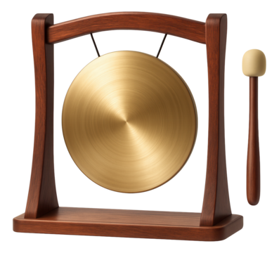A wooden gong with a mallet, providing resonant tones to signal the start and end of meditation sessions at home.