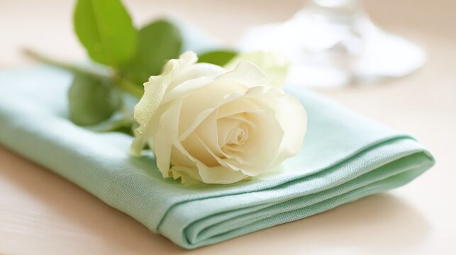 table setting with single white rose symbolizing women strength and equality placed on pastel-colored napkin