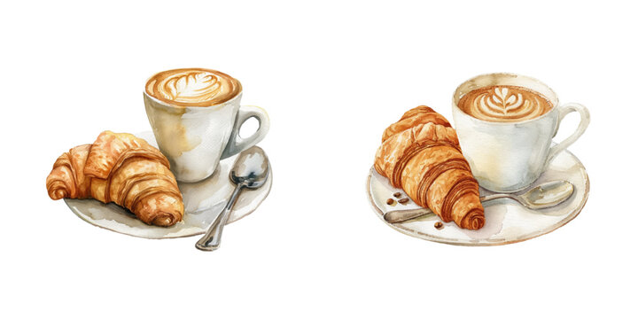 coffee and croissant watercolor vector illustration
