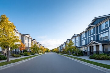 row of eco-friendly houses in suburban neighborhood displaying solar panels on roofs