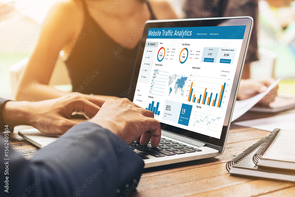 Poster computer software for website traffic analytics data on computer screen. concept of seo search engin