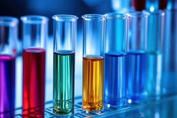 Scientists conduct research with various colored liquids in test tubes at medical lab, scientists are conducting research in a medical laboratory