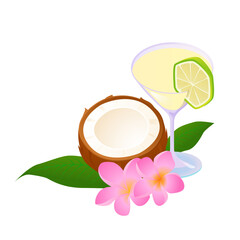 Tropical coconut cocktail with lime slice half coconut pink plumeria flowers and green leaves isolated on white background summer beach exotic vacation drink concept illustration