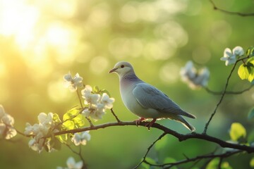 Fototapeta premium Forest dove sings a morning song in spring among blooming flowers, forest dove sings a song on a spring morning