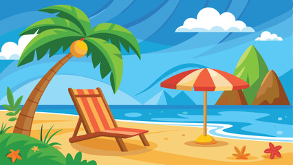 Cartoon Tropical Beach Scene with Palm Tree, Chair, Umbrella, and Mountains in Background