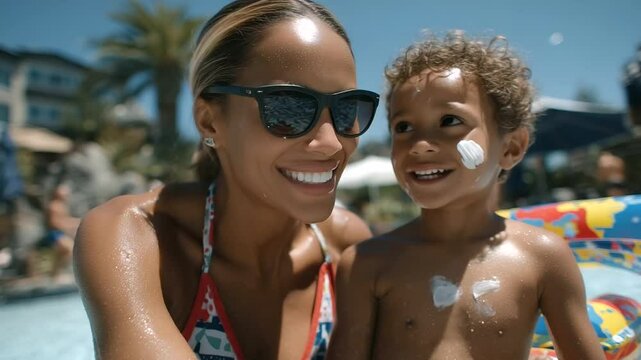 Mom applies sunscreen on child&rsquo;s nose at poolside, colorful floaties and laughter in the background.