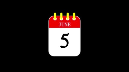 June Calendar animation with alpha .Time and date 5 , Date .5 th day of month, calendar date. Calendar icon black transparent background.4k video