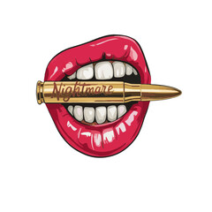 A stylized digital illustration of bright red glossy lips
against a black background. The lips are parted, revealing white teeth, and a golden bullet with the text 