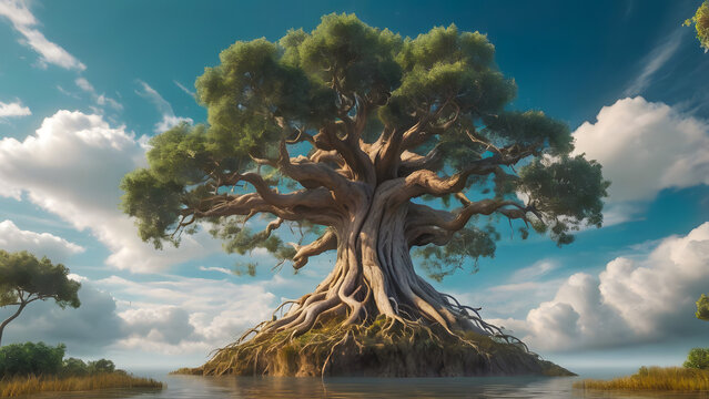circular garden design A 3D of a tree with Sunrise over Indian park, multiple branches growing towards the sky, symbolizing diversification and cloud under the tree 