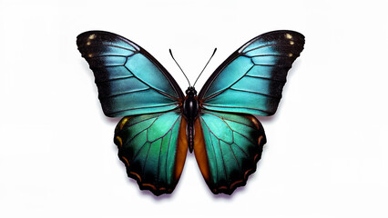 Fototapeta premium Blue butterfly with wings fully spread, isolated on a white background. Suitable for educational, scientific, or design purposes requiring clear butterfly details.