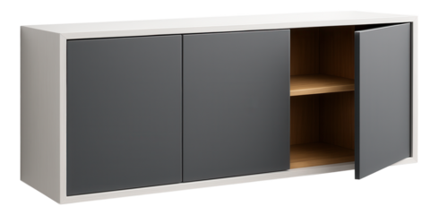 Floating shelving unit with doors for a minimalist living room, designed with hidden wall mounts and sleek laminate doors.