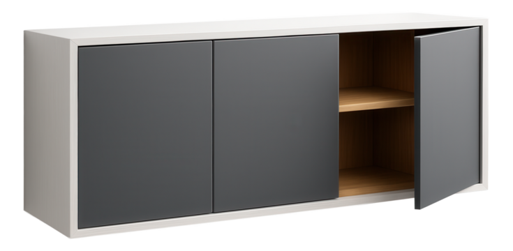 Floating shelving unit with doors for a minimalist living room, designed with hidden wall mounts and sleek laminate doors.