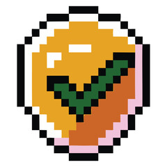 Obraz premium Pixel art checkmark inside a golden orb with a pink border