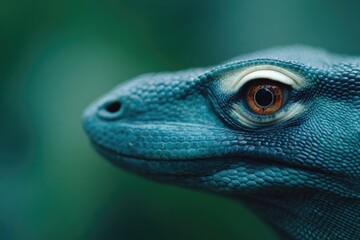 close-up of komodo dragon eye and scaly skin illuminated by natural rainforest light