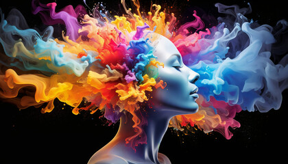 An explosion of human thoughts visualized as vibrant fractals and flowing ink in zero gravity