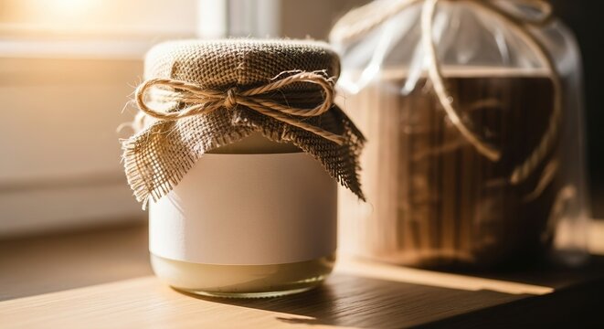 Homemade ghee clarified butter in glass jar with rustic burlap lid and label for branding, promoting healthy lifestyle