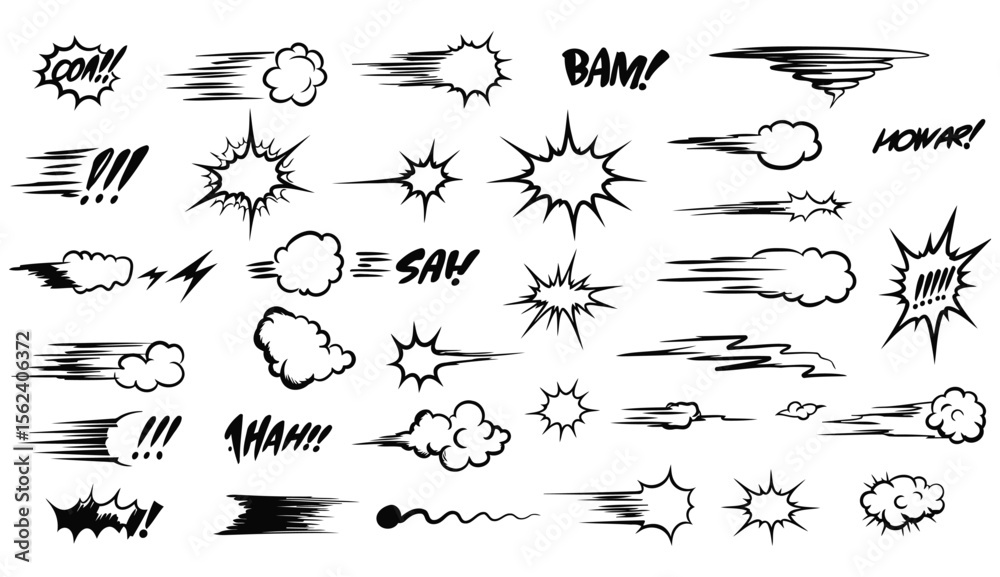 Fototapete collection of comic book sound effects speed motion lines clouds explosions and speech bubbles eleme