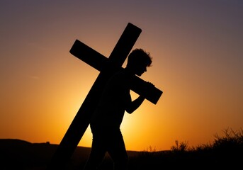 A silhouetted figure carries a wooden cross during a vibrant sunset, symbolizing faith and sacrifice