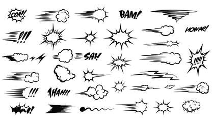 Collection of comic book sound effects speed motion lines clouds explosions and speech bubbles elements in black and white design