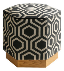 A hexagonal ottoman with a geometric print, adding a modern flair to a bedroom setting.