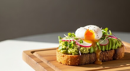 Delicious avocado toast featuring a perfectly poached egg on a wooden board, healthy and flavorful