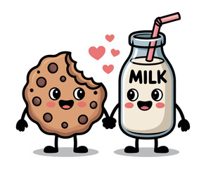 Cute Cartoon Cookie and Milk Bottle Holding Hands