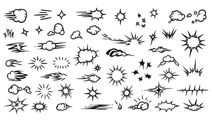 Fototapeta premium Comic book elements collection set of decorative burst effects speed lines and starbursts in black and white