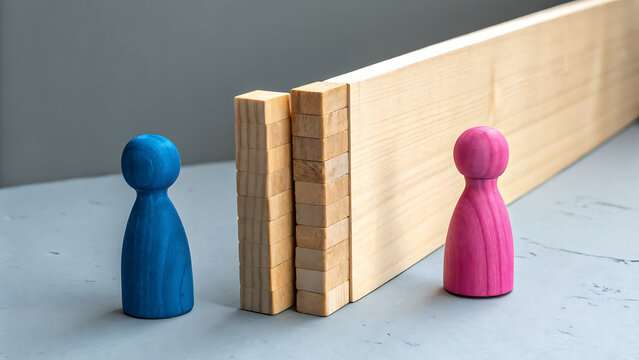 Minimalist Conceptual Photograph Blue and Pink Wooden Peg Dolls Separated by Light Brown Wooden Wall on Gray Surface