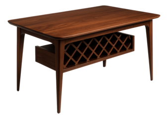 Dining table with a built-in wine rack and a dark walnut finish for an elegant home entertaining space.