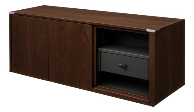 A buffet with a hidden compartment for keeping valuables secure in a home office.