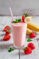 A delicious strawberry banana smoothie is served in a tall glass, garnished with mint leaves, accompanied by fresh strawberries and bananas on a rustic wooden table