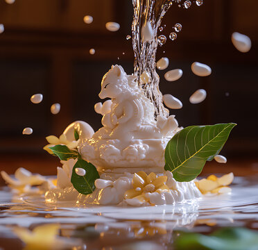 Macro shot of milk being poured over a stone nag idol, 4K slow-motion droplets splashing onto mango leaves and flowers nag panchami