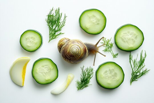 Snail exploring fresh cucumber slices on a white background against a simple natural setting, snail on a white background eat cucumbers