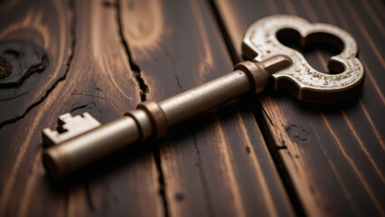 Antique Key on Wood: Unlock Old Secrets, Vintage Key on Rustic Wooden Table, Detailed Close-Up