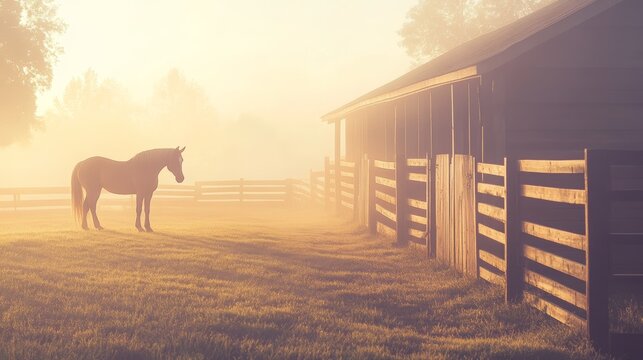 Chestnut horse standing near weathered wooden fence, misty pasture glowing under soft sunrise light, rustic barn silhouette in background - Powered by Adobe