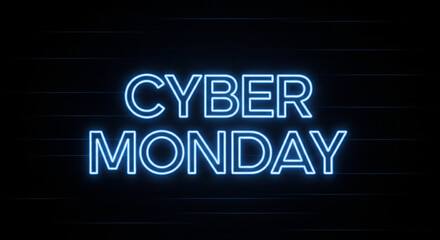 Glowing Cyber Monday marketing banner in neon blue against a dark backdrop, promoting online retail sales and technology shopping.