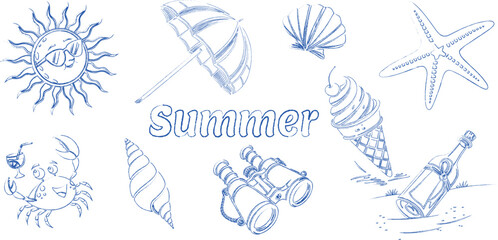 Hand-Drawn Retro Sun with Sunglasses, Vintage Striped Beach Umbrella, Whimsical Crab with Cocktail, Soft-Serve Ice Cream Cone, Nautical Binoculars, Message in a Bottle, Seashell Collection Vector Pack