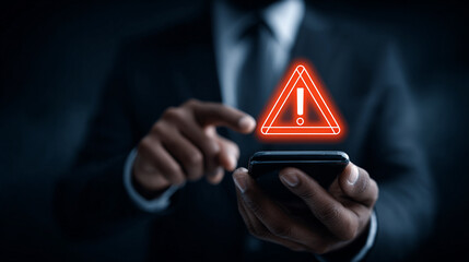 System warning hacked alert, cyber attack on computer network. Businessman using mobile phone with warning sign notification error, Malicious software, virus, cybercrime, Cybersecurity, data breach. 
