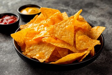 A bowl filled with crispy nachos is topped with melted cheese. Three small bowls containing salsa, mustard, and cheese dip accompany the dish, perfect for sharing at a get-together