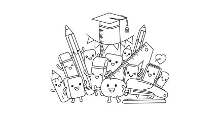 Obraz premium A smiling young boy wearing a traditional omani dishdasha and kummah or mussar turban depicted in a simple line art style isolated on transparent background