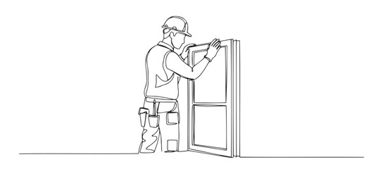 Worker installing PVC windows in a sketch outline style
